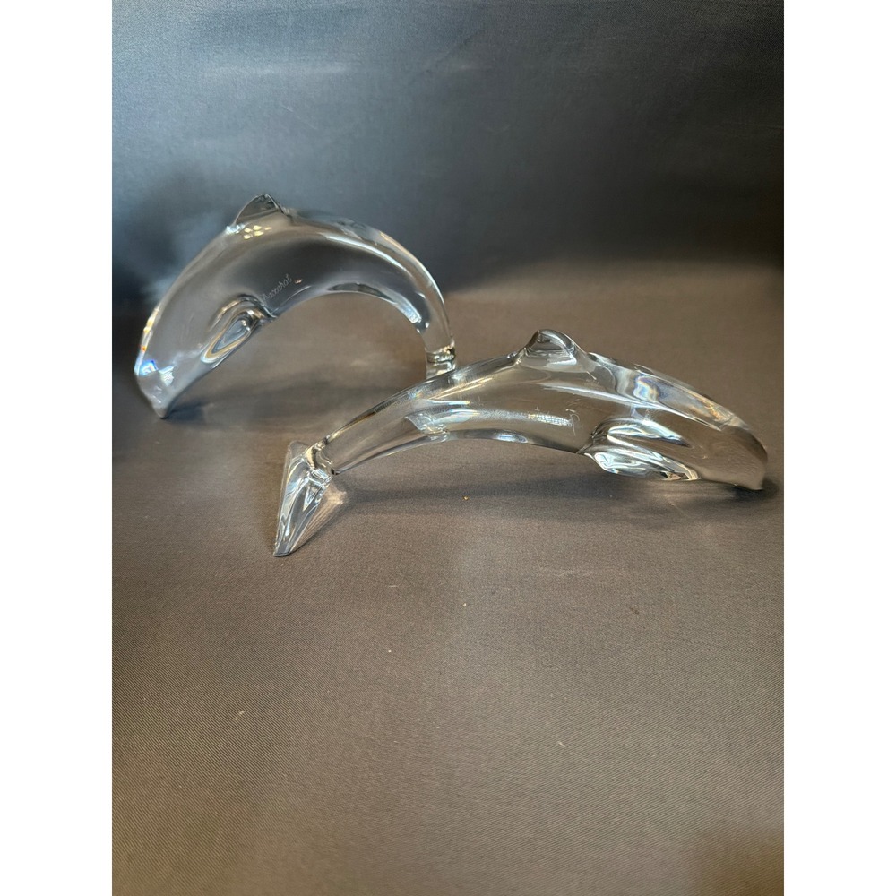 Baccarat Crystal Dolphin Figurine Set of 2 Clear French Art Glass Paperweights